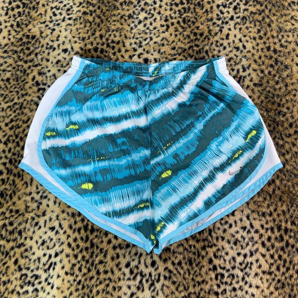 Nike Dri-FIT Blue Teal Abstract Stripe Running Shorts Womens Medium Mesh Trim